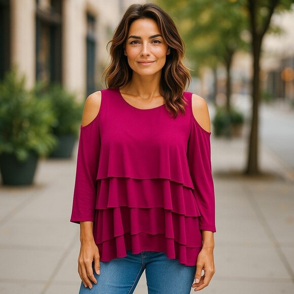 Susan Graver Dark Fushia Cold Shoulder Tiered Layer 3/4 Sleeve Blouse. 1X - Picture 1 of 8